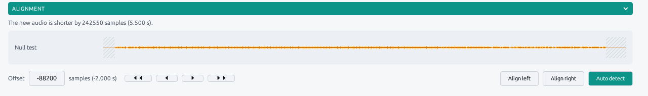 The alignment panel, showing the detected offset between the original and new audio alongside a null test.