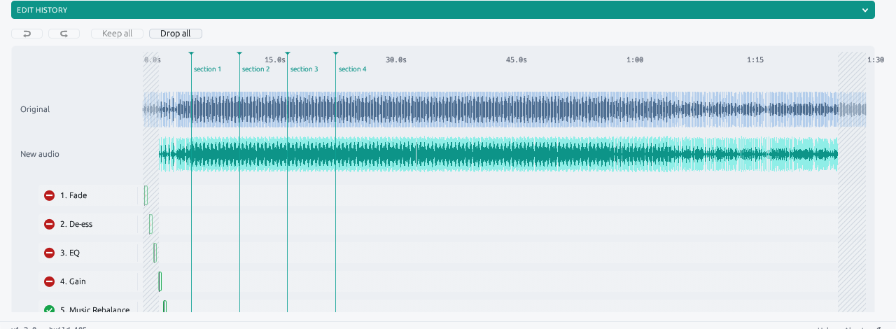The edit history pane: one row per edit in the undo stack, each with a badge showing whether it is included, excluded, or only partially recoverable.