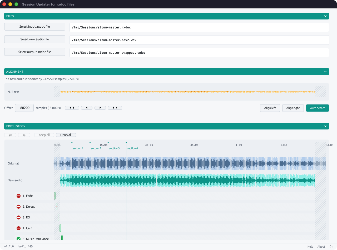 The main window, showing the source session, the new audio file, the output path, and waveform lanes for the original and reconstructed audio.